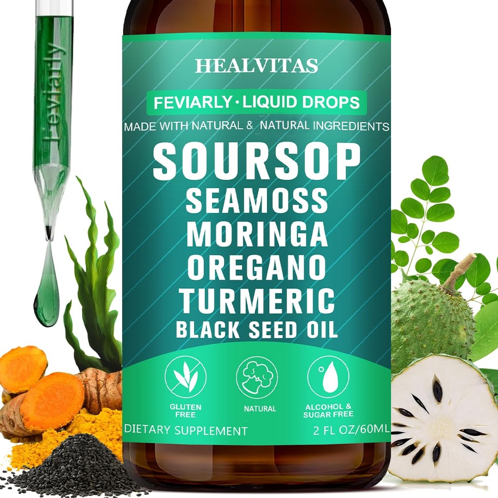 Soursop Bitters Liquid Drops, Soursop Bitters, 10 in 1 with Sea Moss, Oregano, Ashwagandha, Moringa, Turmeric, Black Seed Oil | Herbal Extracts for Overall Health | Highly Absorbable Natural Formula