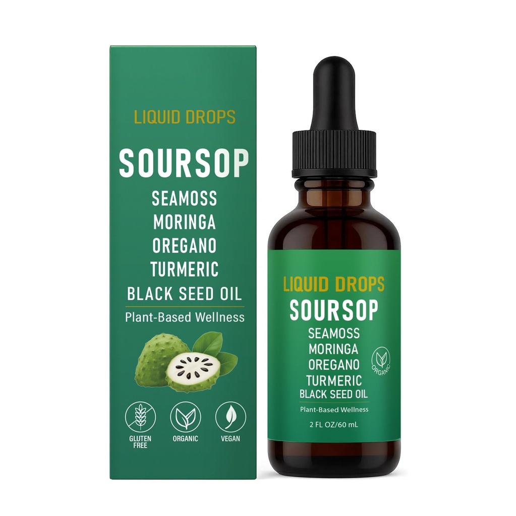 wuliao 10 in 1 Soursop Natural Drops, Soursop Bitters Liquid Drops with Sea Moss, Moringa, Turmeric, Black Seed Oil, Oregano | Vegan, Non-GMO | 2 Fl Oz (1)