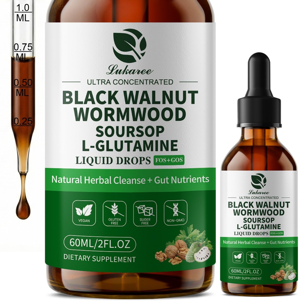 Lukaree Wormwood Black Walnut Soursop Cleanse for Humans – with L-Glutamine Prebiotics & Zinc for Gut Health & Digestive Comfort – Mood, Immune & Energy Support – Vegan Gluten-Free