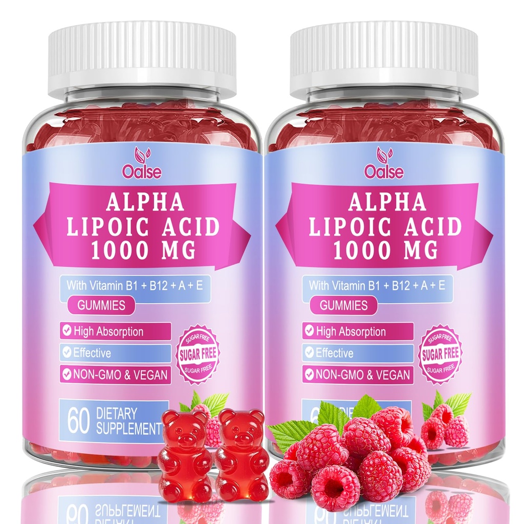 (2 Packs) Alpha Lipoic Acid Gummies 1000Mg with Vitamin B1, B12, A, E - High Absorption Sugar Free Chewable ALA Supplement for Energy Support,Raspberry Flavor, 60 Gummies