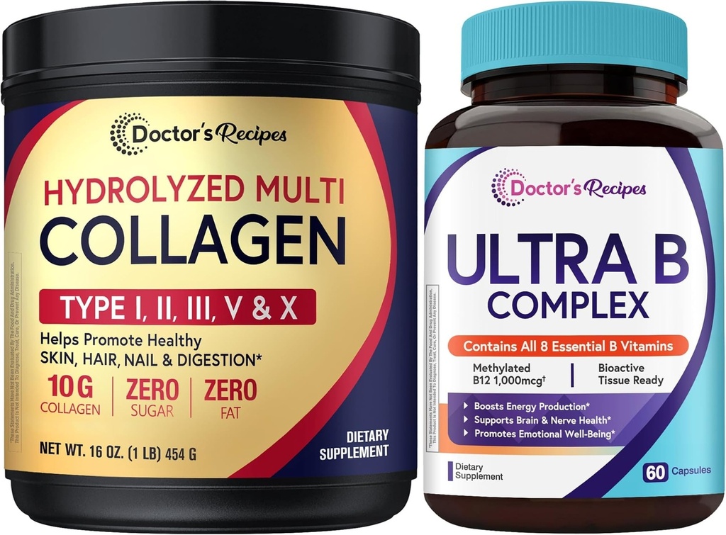 Doctor’s Recipes Multi Collagen Peptides Powder + Ultra Vitamin B Complex Bundle, Grass-Fed Hydrolyzed Protein Types I II III V X, Unflavored Easy-to-Dissolve Collagen, All 8 Essential B Vitamins with