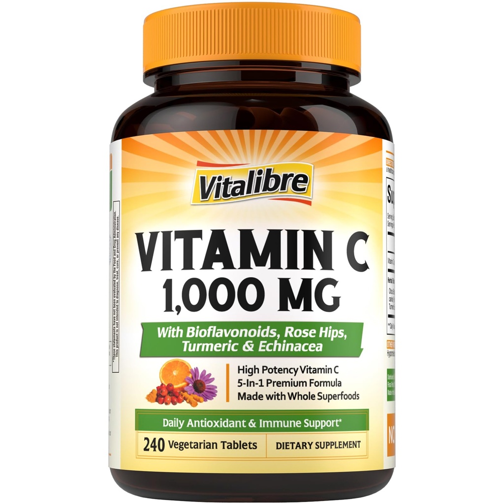 Vitalibre Vitamin C 1000mg, with Citrus Bioflavonoids, Rose Hips, Echinacea & Turmeric, Immune Support, Antioxidant Protection, Collagen Production, 240 Vegan Tabs