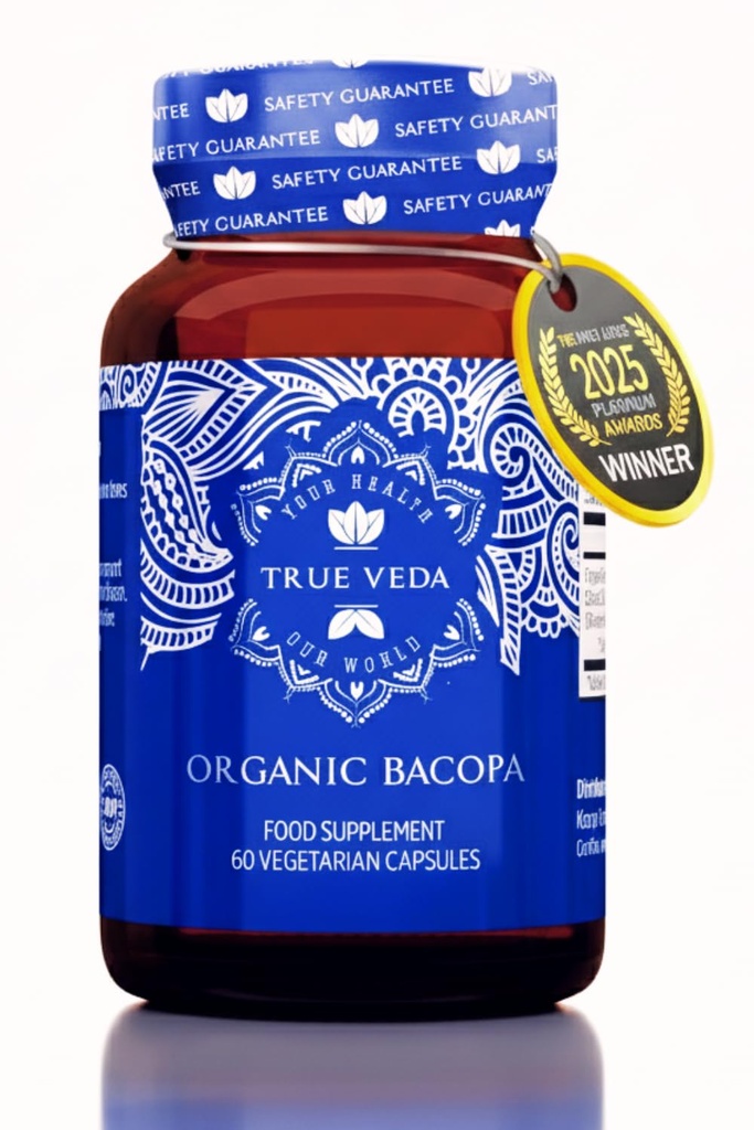 True Veda Organic Bacopa Monnieri Supplement - Premium Bacopa Extract | USDA Certified Organic Brahmi Capsules with 50% Bacosides | 20X Concentrated Brahmi Supplements | 60 Monnieri Veggie Capsules
