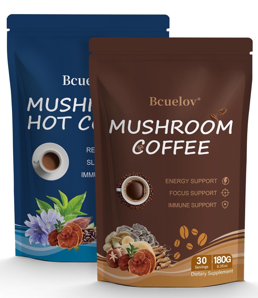 Mushroom Coffee + Hot Cocoa Set - Daytime Energy & Nighttime Sleep Support with Adaptogenic Mushrooms, Melatonin - 50 Servings Combo
