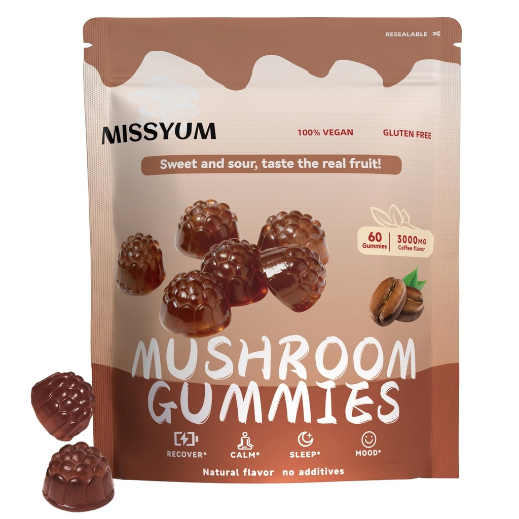 Mushroom Gummies, 10-in-1 Adaptogenic Blend, Vegan Coffee Flavor, 60 Count, Lion's Mane, Reishi, Chaga, Shiitake