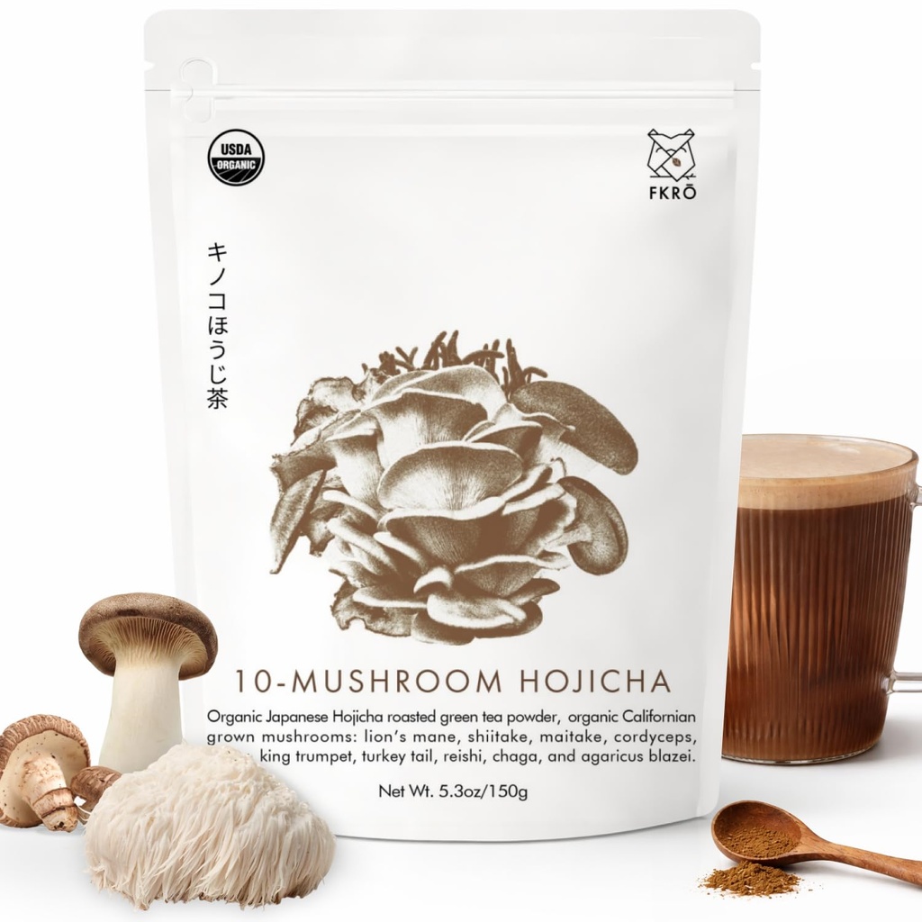 FKRO Organic Mushroom Hojicha Powder | Japanese Roasted Green Tea Coffee Alternative | 10 Adaptogenic Mushrooms | 3,000mg USA-Grown Blend with Lion’s Mane, Reishi, Cordyceps & Chaga | 30 Servings