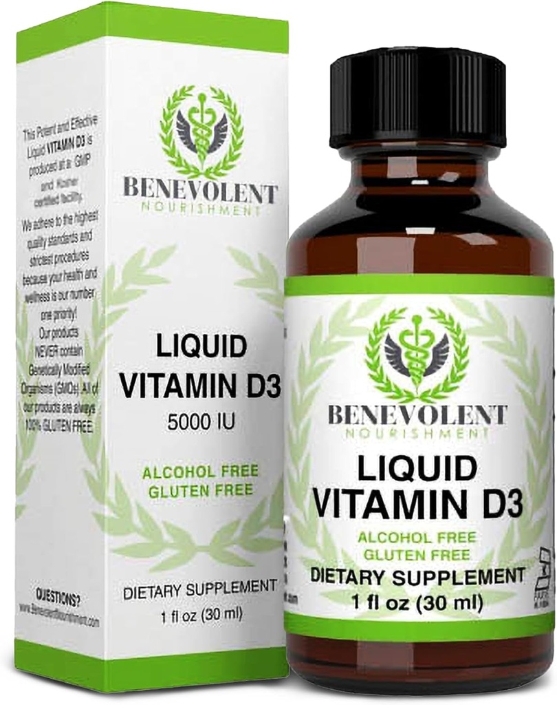 Benevolent Nourishment Vitamin D3 Drops 5000 IU - Potent & Effective 1000 IU per Drop - Fast Absorbing Liquid Dietary Supplement - 100% Alcohol & Gluten Free
