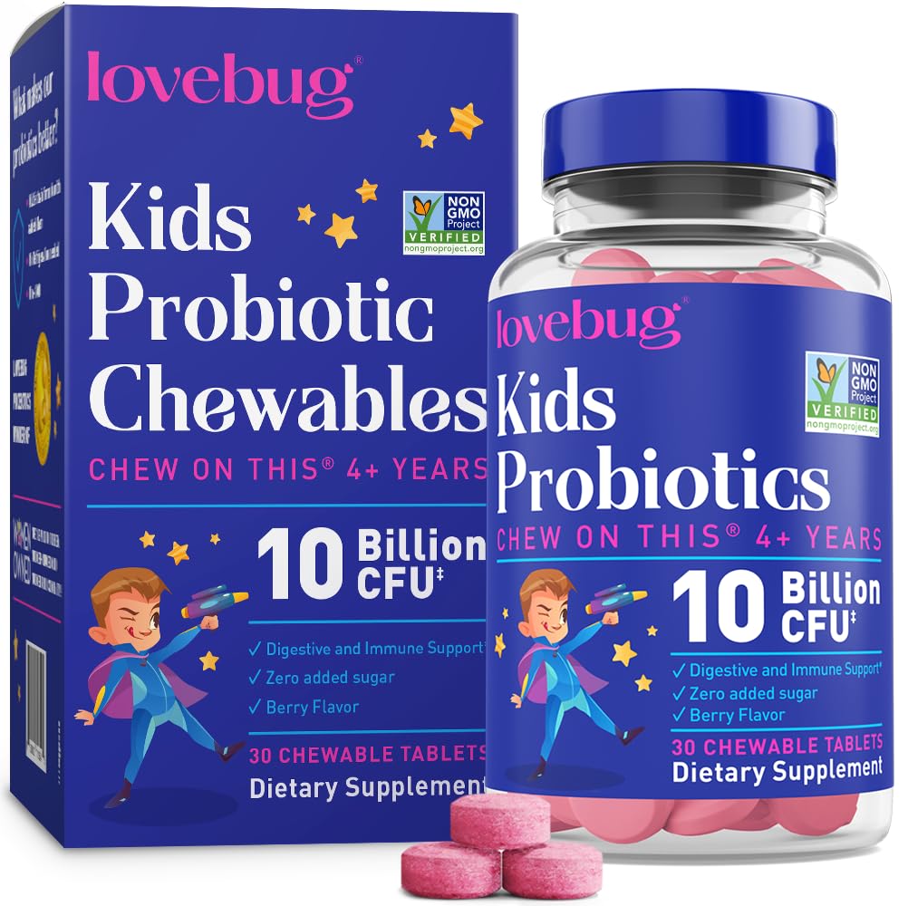 LOVEBUG Probiotics for Kids – Probiotic Chewables with Prebiotic Fiber for Age 4+,Daily Children's Gut Health & Digestive Support Supplement, Sugar-Free Berry Flavor, 30 Count