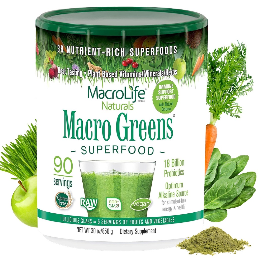 Macro Greens Superfood Powder 38 Superfoods with Probiotics, Digestive Enzymes & Adaptogens | Non GMO, Vegan, Gluten Free | 18B CFU | 30 oz (90 Servings)