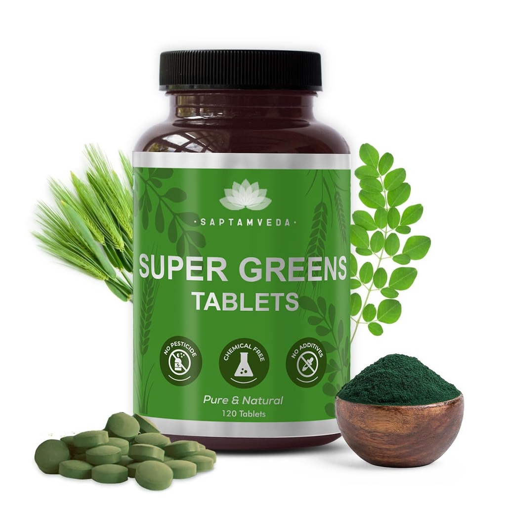 SAPTAMVEDA Premium Supergreen 120 Tablets | Natural Multivitamin |Contains Moringa, Wheatgrass, Spirulina & Barely Grass