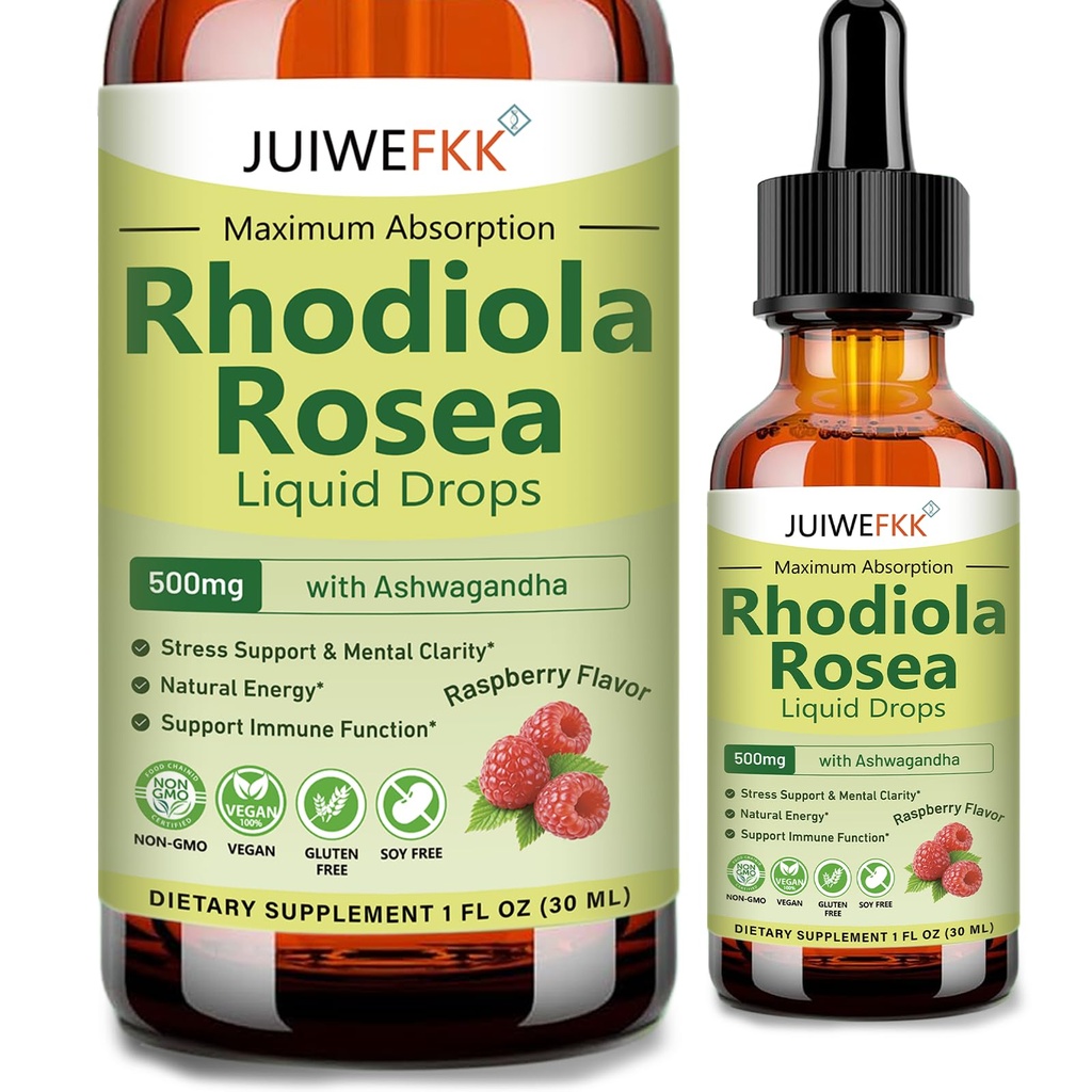 Rhodiola Rosea Supplement Liquid Drops, Organic Golden Root Adaptogen Herb Rhodiola Extract Blend w. Ashwagandha for Stress Mood Energy Focus & Cortisol Detox, Vegan Tincture for Men & Women