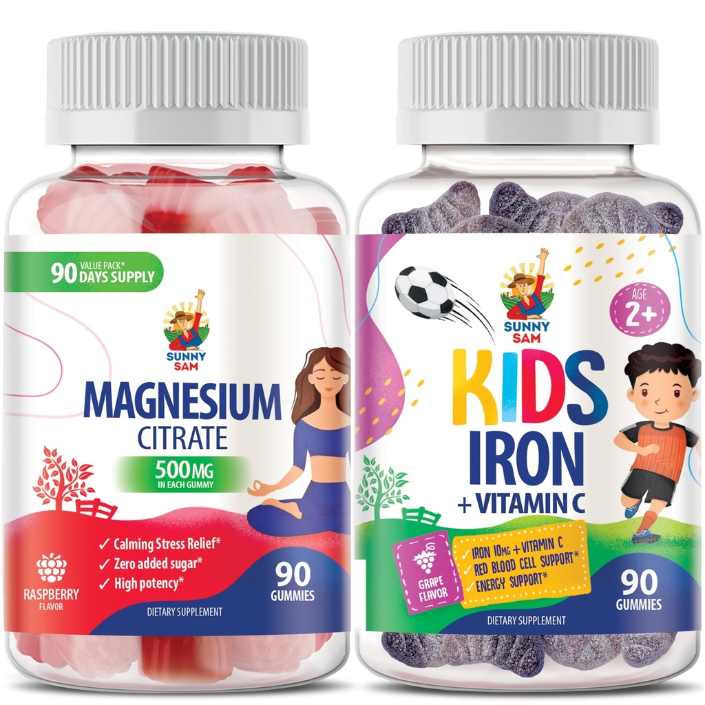 SUNNY SAM Iron Gummies for Kids & Adults & Magnesium Gummies for Adults - 500mg - Calm Magnesium Chews - Magnesium Citrate Chewable Supplement for Mood & Muscle Support. Iron Vitamins with Vitamin C.
