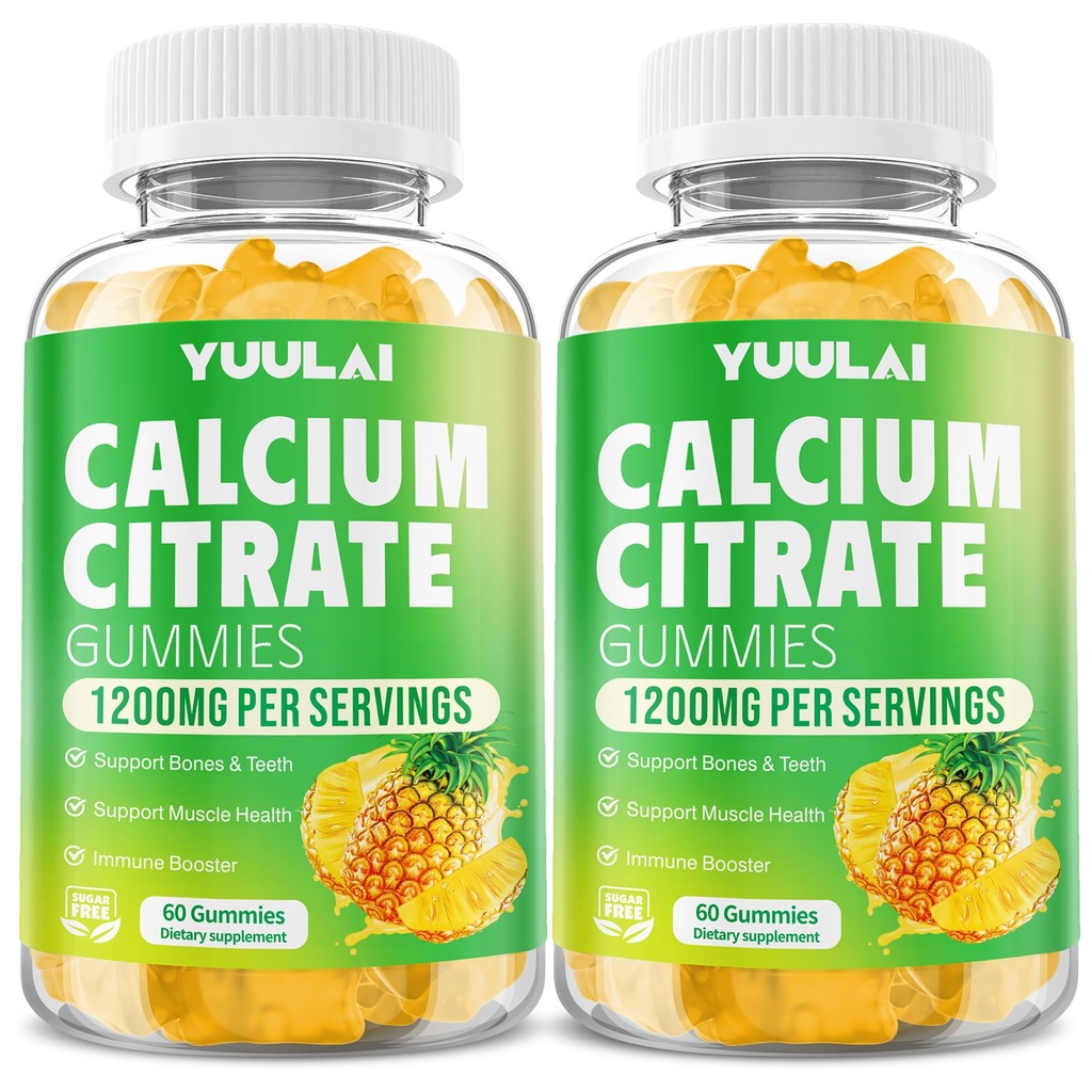 Pack of 2 Calcium Citrate Gummies 1200mg, Chewable Calcium Supplements for Women & Men, Sugar Free Calcium Gummies for Bone, Muscle & Immune Support, Pineapple Flavor, 120 Count