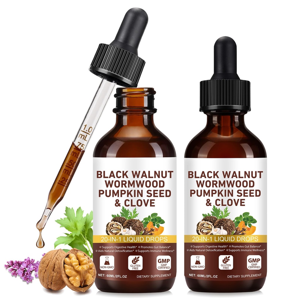 2 Pack Wormwood Black Walnut Clove Cleanse drop For Humans Elimination, 20-in-1 Potent Herb Complex W/ Garlic/Oregano/Pumpkin Seed/Milk Thistle for Microbiome Balance, Antioxidant, Raspberry Flavor