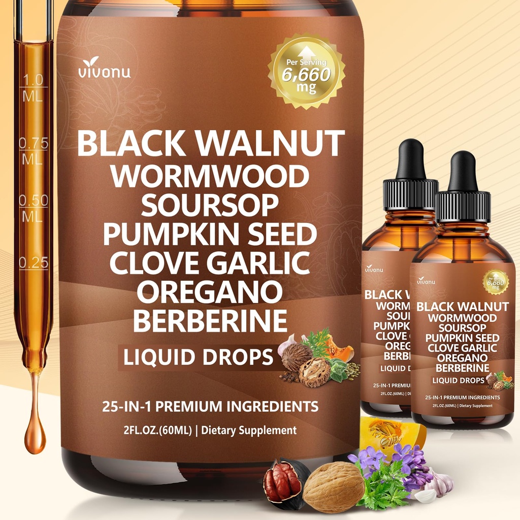 25-in-1 Liposomal Black Walnut Wormwood Tincture Cleanse for Humans – 6660mg Liquid Drops with Clove, Garlic, Pumpkin Seed, Oregano, Purple Daisy, Burdock Root – Lymphatic Drainage Support,4 Fl Oz