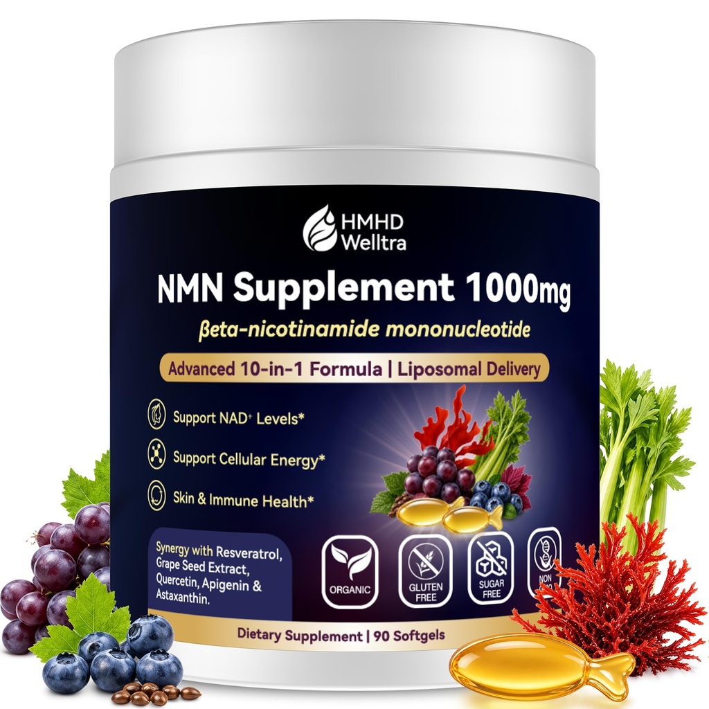 NMN Supplement Softgels, 10-in-1 NMN Beta 1000mg w. Quercetin TMG Resveratrol Astaxanthin for Anti Aging Energy & Immune Support, NMNH Alternative Liposomal High Absorption for Women Men