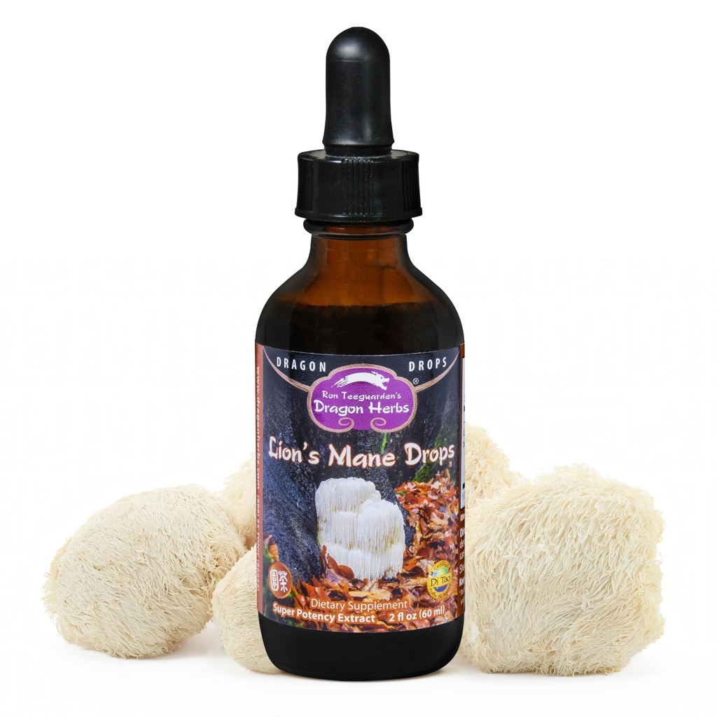 Dragon Herbs Lion's Mane Drops • Mushroom Supplement • Supports the Brain & Nervous System • Adaptogen for Mood Health • Triple Extraction, Fast Acting, Super Potency • Vegan, 2 fl oz 60ml • Tincture