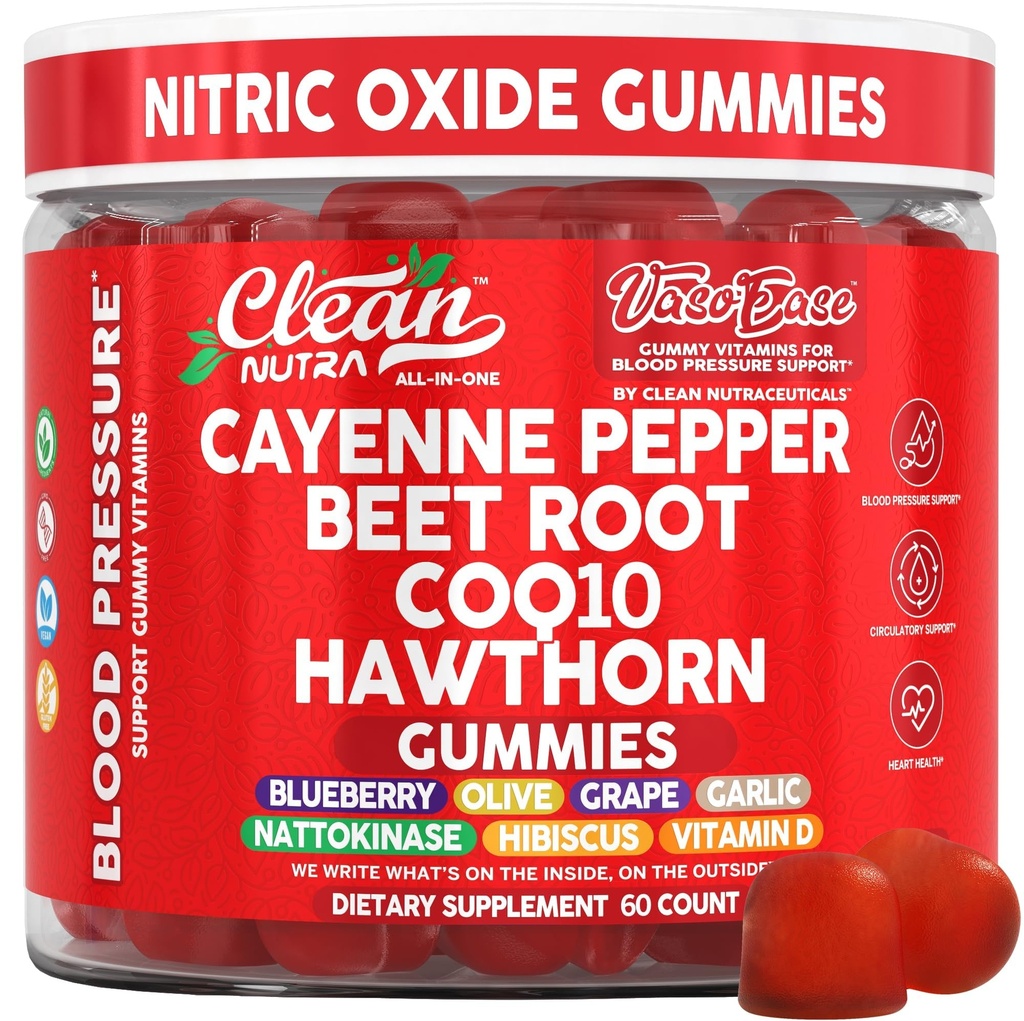 Clean Nutra Cayenne Pepper Beet Root Gummies Beetroot Garlic CoQ10 Hawthorn Berry Grape Seed Extract Olive Leaf Nattokinase Hibiscus Vitamin D Nitric Oxide - VasoEase