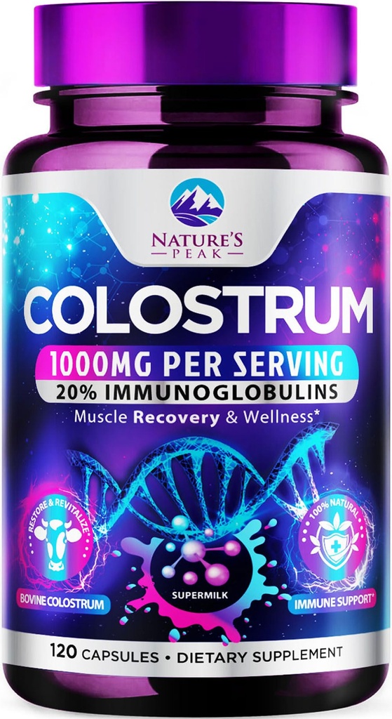 Bovine Colostrum Supplement 1000mg - with 20% Immunoglobulins (IgG) for Immunity & Immune Support, Energy & Gut Health, SP Colostrum Powder Pills, Gluten Free, Non-GMO & Bottled in USA - 120 Capsules