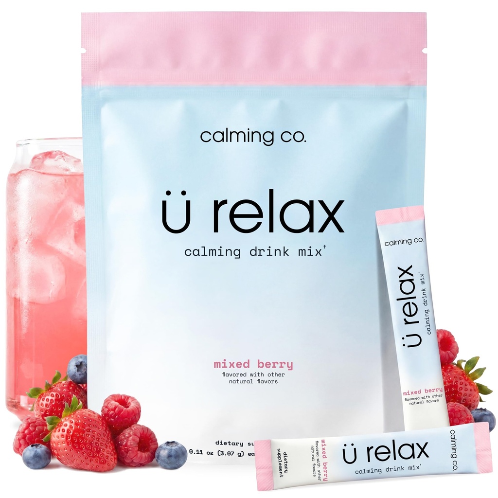 Ü Relax 2.0 Powder Drink Mix, Mixed Berry, Ashwagandha & L-Theanine, Adaptogens, Cortisol, Sleep Aid, Ready-to-Mix, Sugar Free, Zero Calorie, 20 Stick Packs