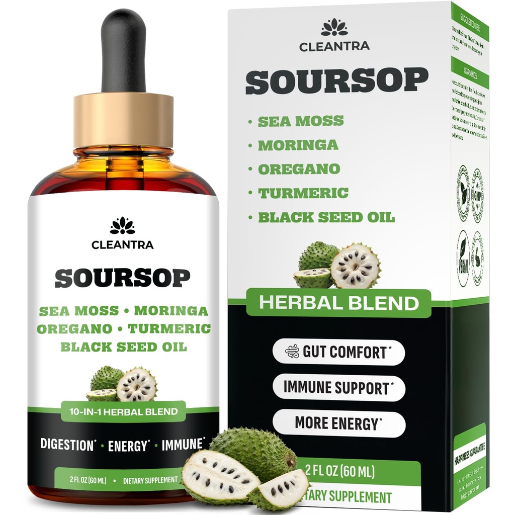 Soursop Bitters Liquid Herbal Tonic – 10-in-1 Detox Drops with Moringa, Turmeric, Oregano, Sea Moss & Black Seed Oil – 2oz