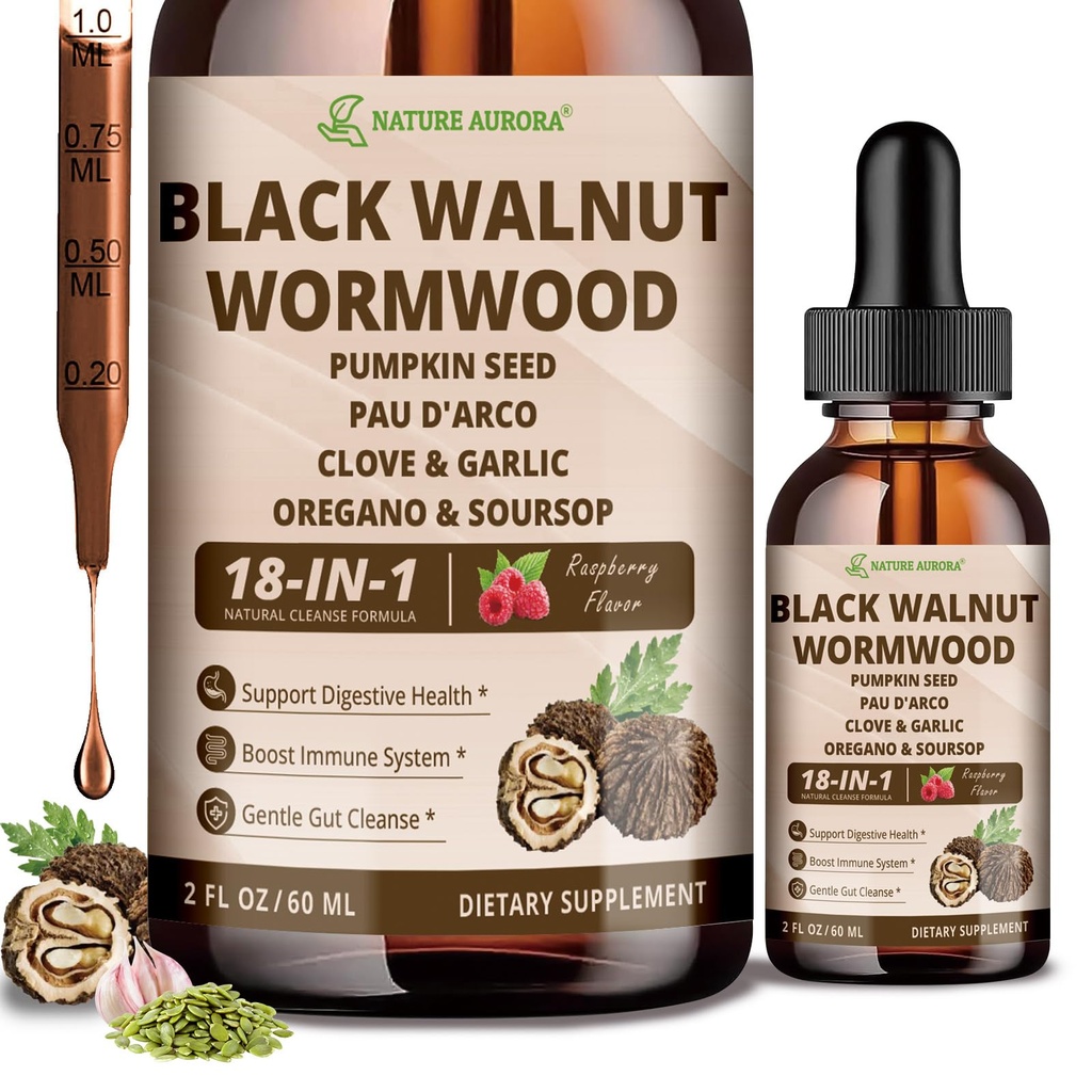 Black Walnut Wormwood Clove Cleanse for Humans Drops Liquid, 18-in-1 Gut Cleanse & Digestive Support Supplement with Pumpkin Seed, Oil of Oregano, PAU D'Arco, Non-GMO, Raspberry Flavor, 2 FL OZ