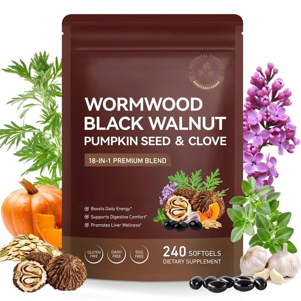 Wormwood Black Walnut 18-in-1 Gut Support Supplement with Pumpkin Seed, Clove, Garlic, Oregano, Supports Digestive Balance, Gut Comfort & Daily Vitality 240 Softgels