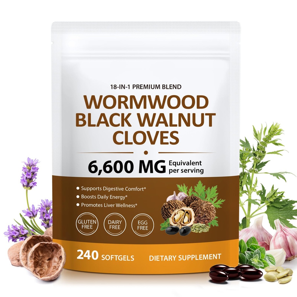 Wormwood Black Walnut Clove Herbal Complex, 18-in-1 Blend with Pumpkin Seed, Turmeric, Garlic, Oregano & Berberine – 80 Day Supply, 240 Softgels