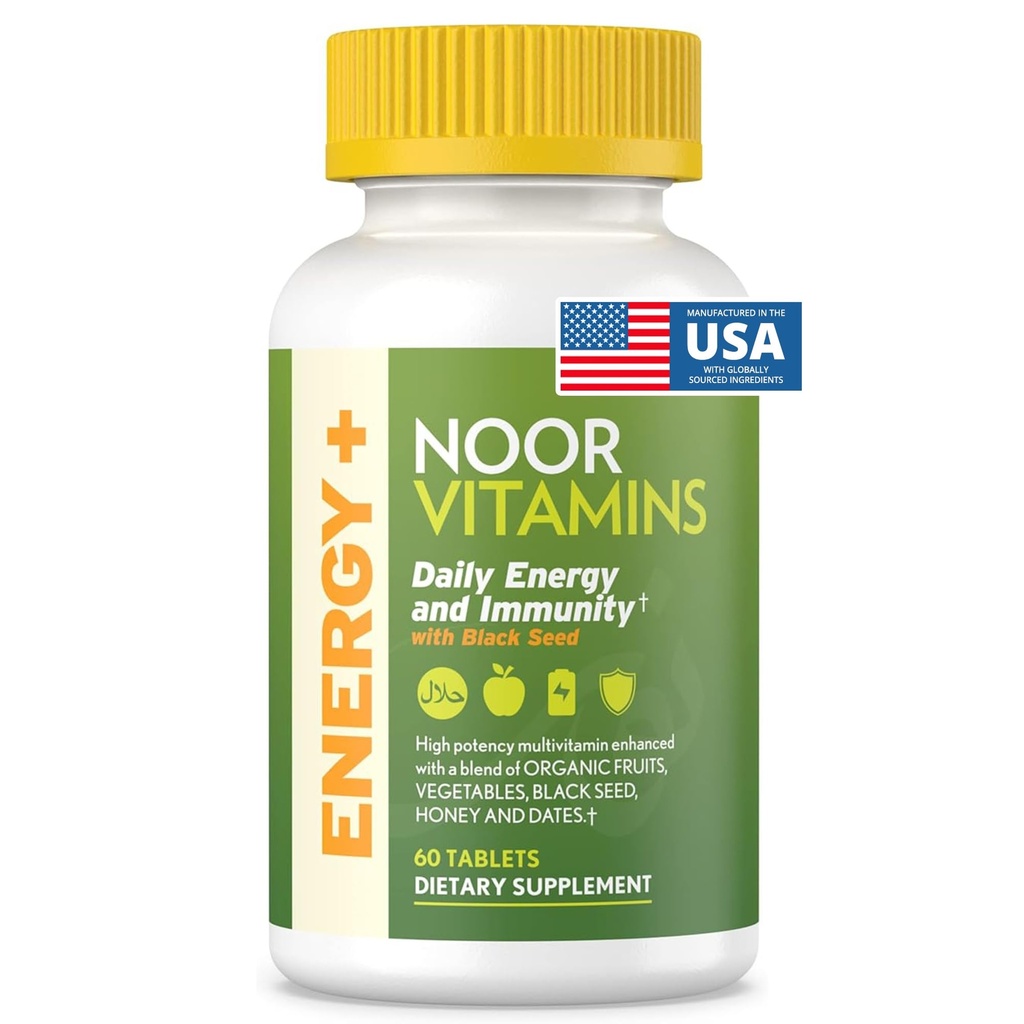 Noor Vitamins Energy+ Multivitamin; Halal Vitamin for Energy Production & Immunity, 26 Vitamins & Minerals, Black Seed, Dates, Honey, for Men & Women. Gelatin Free, 2 Month Supply
