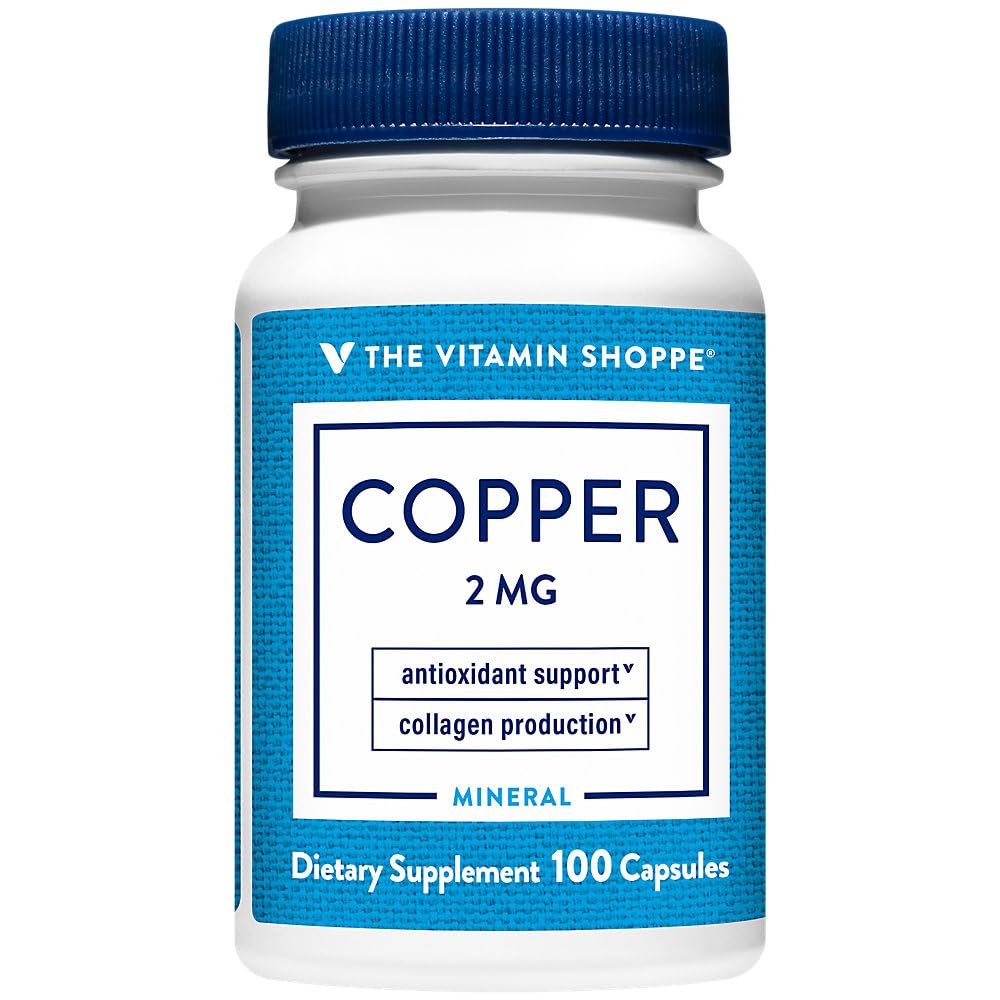 The Vitamin Shoppe Copper 2 mg Capsules, Essential Trace Mineral Supplement for Men & Women, Supports Antioxidant Function, Collagen Production & Iron Metabolism, Gluten Free, 100 Capsules
