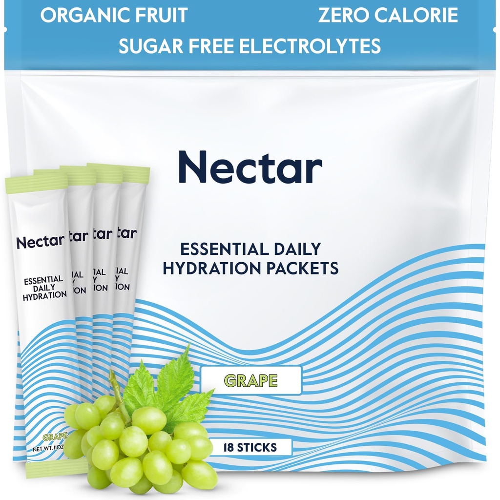 Nectar Hydration Packets - Electrolytes Powder Packets - Sugar Free & 0 Calorie - Organic Fruit Liquid Daily IV Hydrate Sticks for Dehydration Relief & Rapid Rehydration (Grape 18 Pack)