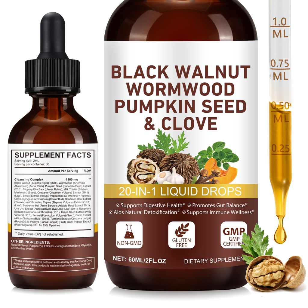 FANSHI Wormwood Black Walnut Clove Cleanse for Humans Tincture Liquid Drops, 20-in-1 Herbal Formula Support Cleanse & Digestive Health, Wormwood Tincture with Pumpkin Seed, Garlic & Oregano(2 fl oz)