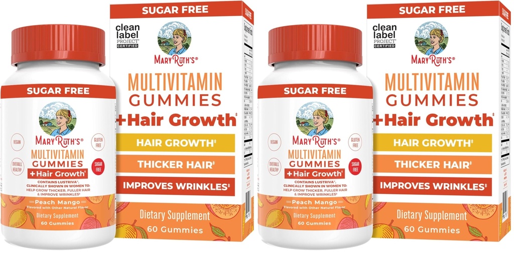 MARYRUTH'S Multivitamin + Hair Growth Gummies | with Lustriva® | Biotin 10000mcg | B Vitamins | Formulated for Thicker Hair, Wrinkles, Fine Lines, Skin Care | Ages 18+ | 30 Servings (Pack of 2)
