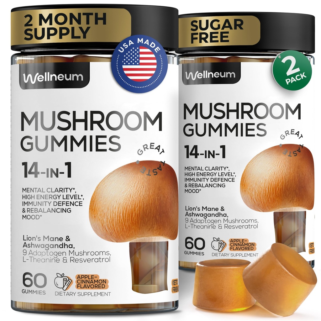 Mushroom Gummies120 Pcs (2 Pack) - Lion's Mane and 9 Adaptogenic Mushrooms Blend - Ashwagandha, L-Theanine - Mushroom Gummies for Energy, Immunity, Focus, Brain Boost - No Sugar and GMO