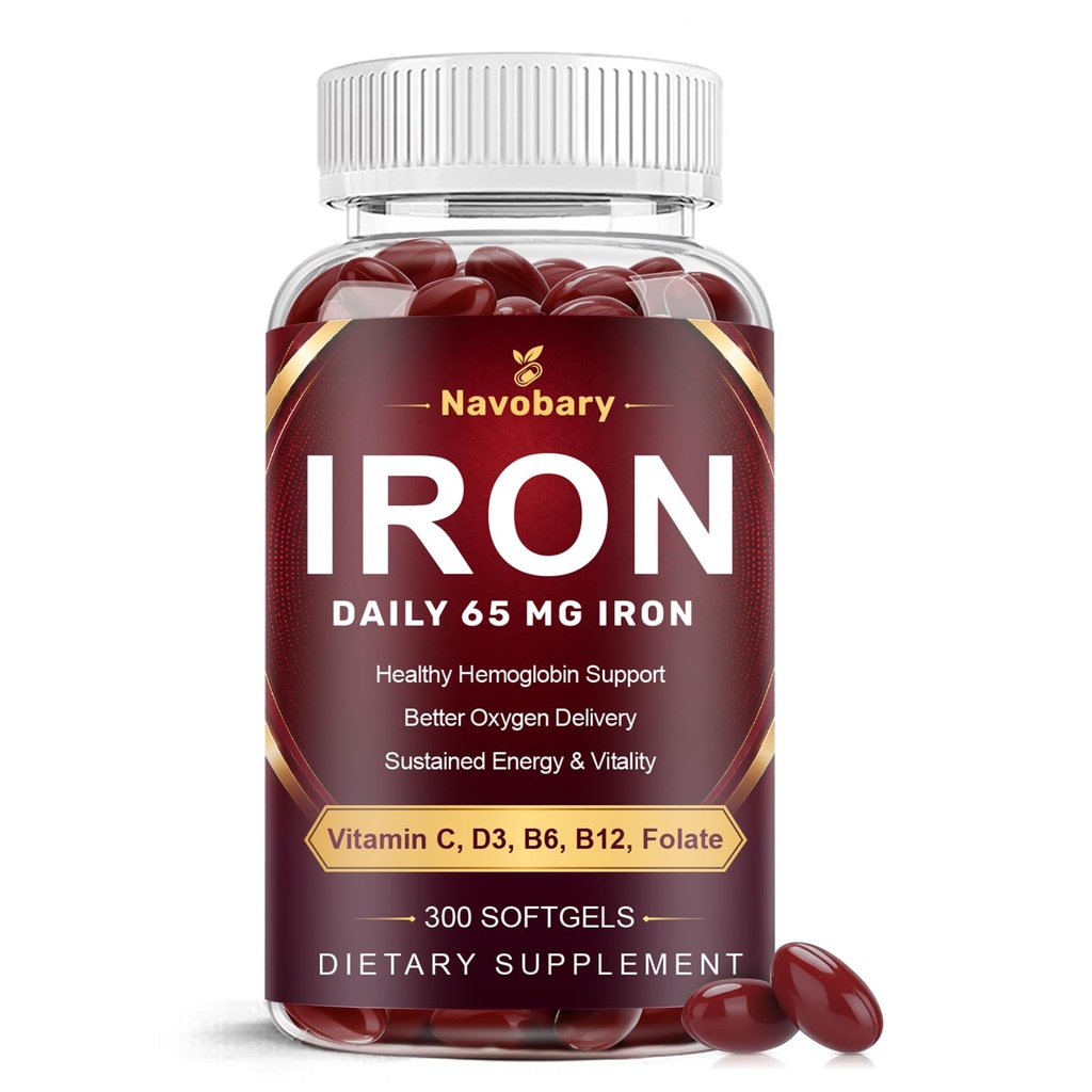 Iron Supplement with Vitamin C, D3, E, B6, B12 & Folate - 65mg Iron Multivitamin for Energy, Immune & Red Blood Cell Support - 300 Softgels, 150 Days Supply