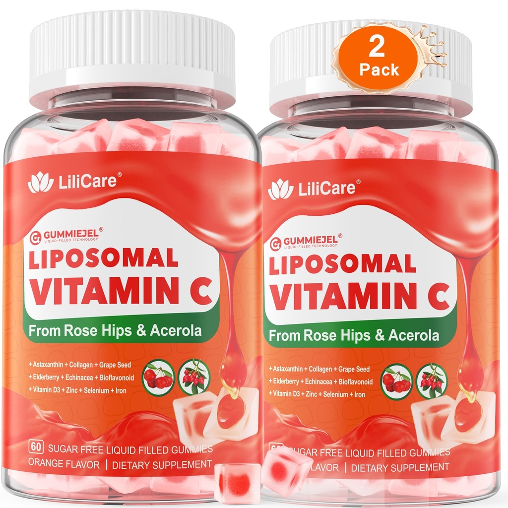 Natural Liposomal Vitamin C 1000mg Gummies for Adults & Kids 9+, Vitamin C w/ 11mg Zinc, D3, Elderberry, Echinacea, Bioflavonoid, Immune Support, Whole Food VIT C from Fruits, Sugar Free, 2 Pack