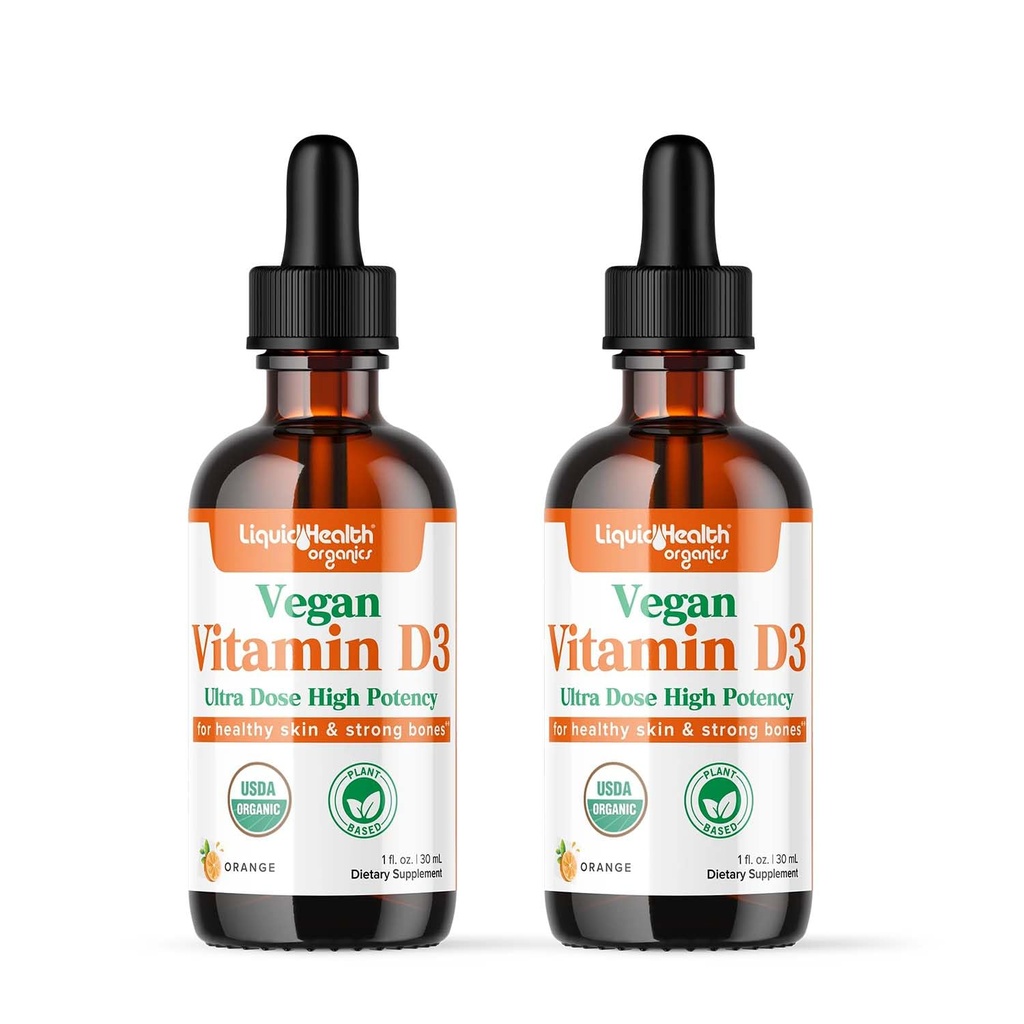 LIQUIDHEALTH Vitamin D3 4000 IU, USDA Organic Vitamin D Liquid Drops for Adults & Kids, Vegan Vitamin D for Immune System Support, Bone Health, Mood Support, Healthy Skin - Made in USA (2 Pack)