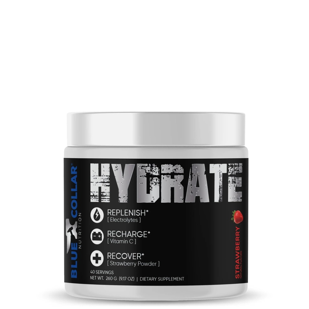 BLUE COLLAR NUTRITION Hydrate Advanced Hydration Powder - Flavored Electrolyte Drink Mix for Optimal Sports Performance and Vitality – 30 Servings (260 g, Strawberry)