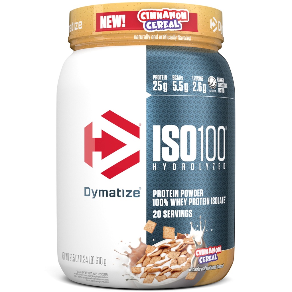 Dymatize ISO100 Whey Protein Powder Isolate, Cinnamon Cereal, 25g of Protein, 5.5g BCAAs, Less Than 120 Cal., Gluten Free, 1g Fat, 1g Sugar, 2g Carb (20 Servings)