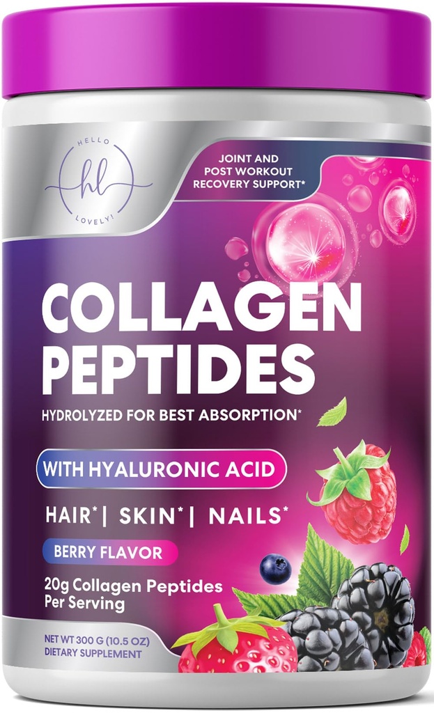 Collagen Peptides Powder 20g - Hydrolyzed Type 1 & 3 Berry Flavor Collagen Powder - Biotin, Hyaluronic Acid, Vitamin C - Hair, Skin, & Nails Support Supplement for Women & Men - Bottled in USA, 10.5oz
