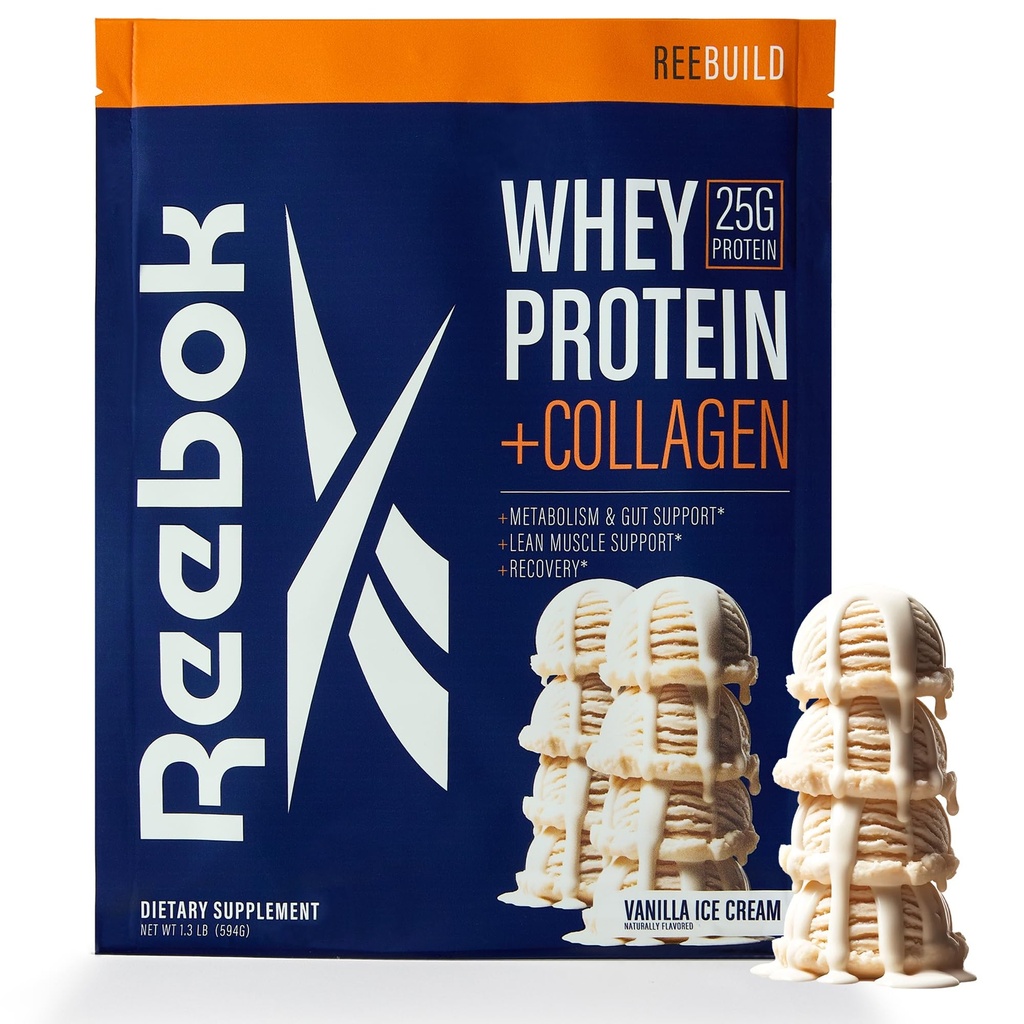 Reebok Whey Protein Powder + Collagen Peptides | 25g Protein with 9 Essential Amino Acids | Muscle Recovery, Joint & Gut Support | Informed-Sport Certified | REEbuild Vanilla Ice Cream Flavor, 1.3 lb