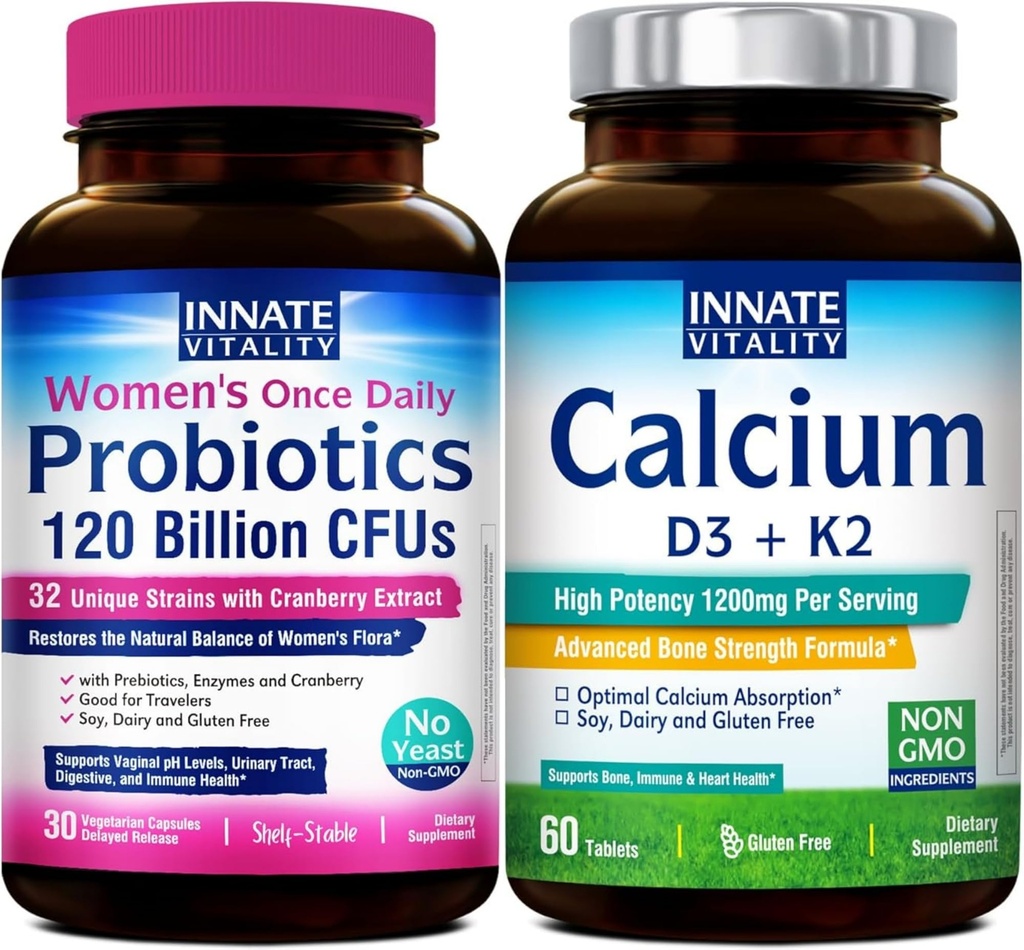 Innate Vitality Calcium 1200mg with D3 & K2 + Women's Probiotics 120B CFU Bundle | Bone Density & Feminine Flora Support with Cranberry, Digestive Enzymes & pH Balance