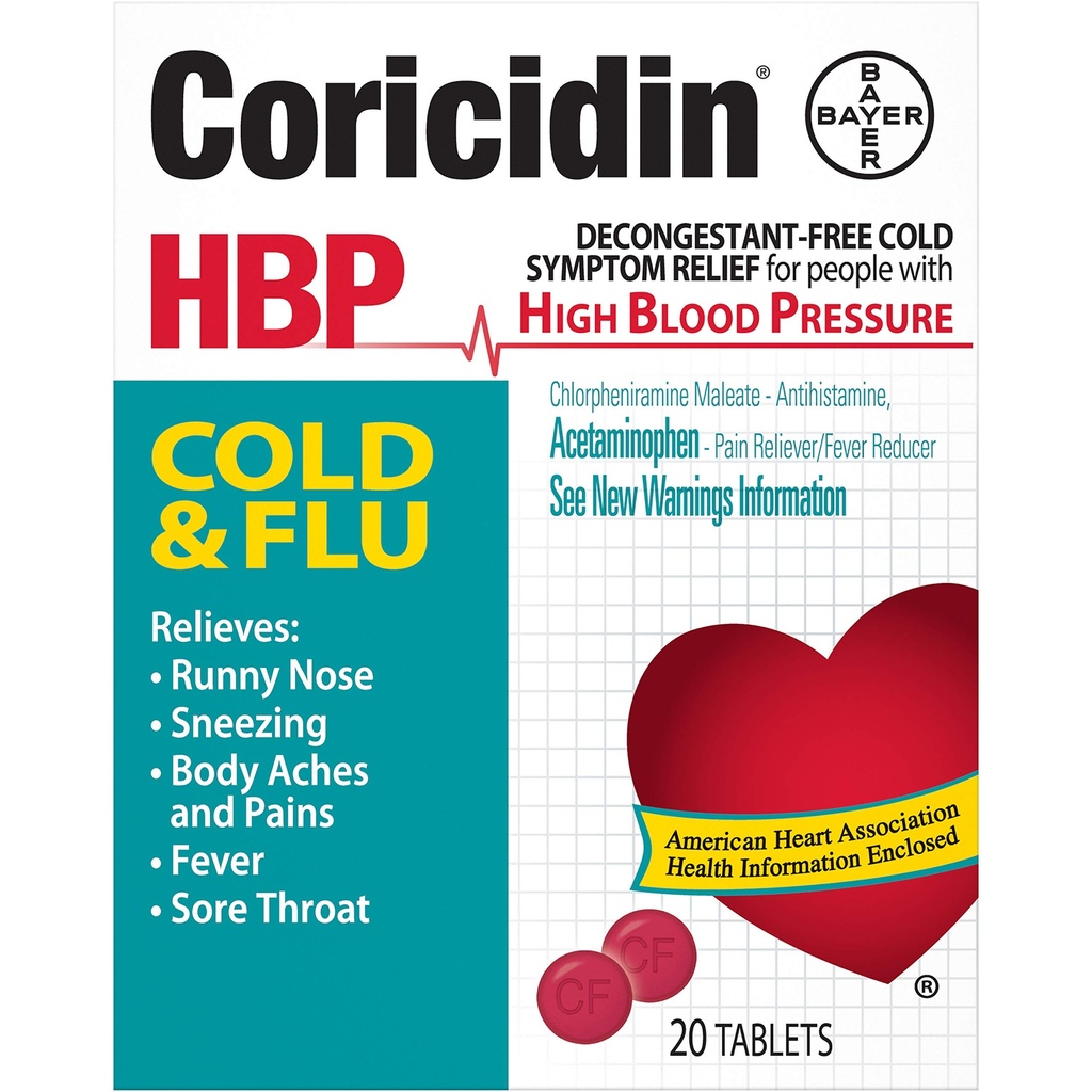 Coricidin HBP Decongestant-Free Cold & Flu Medicine for Hypertensives, Cold & Flu Symptom Relief for People with High Blood Pressure, 325 mg Acetaminophen Tablets (20 Count), Multicolor (533815)