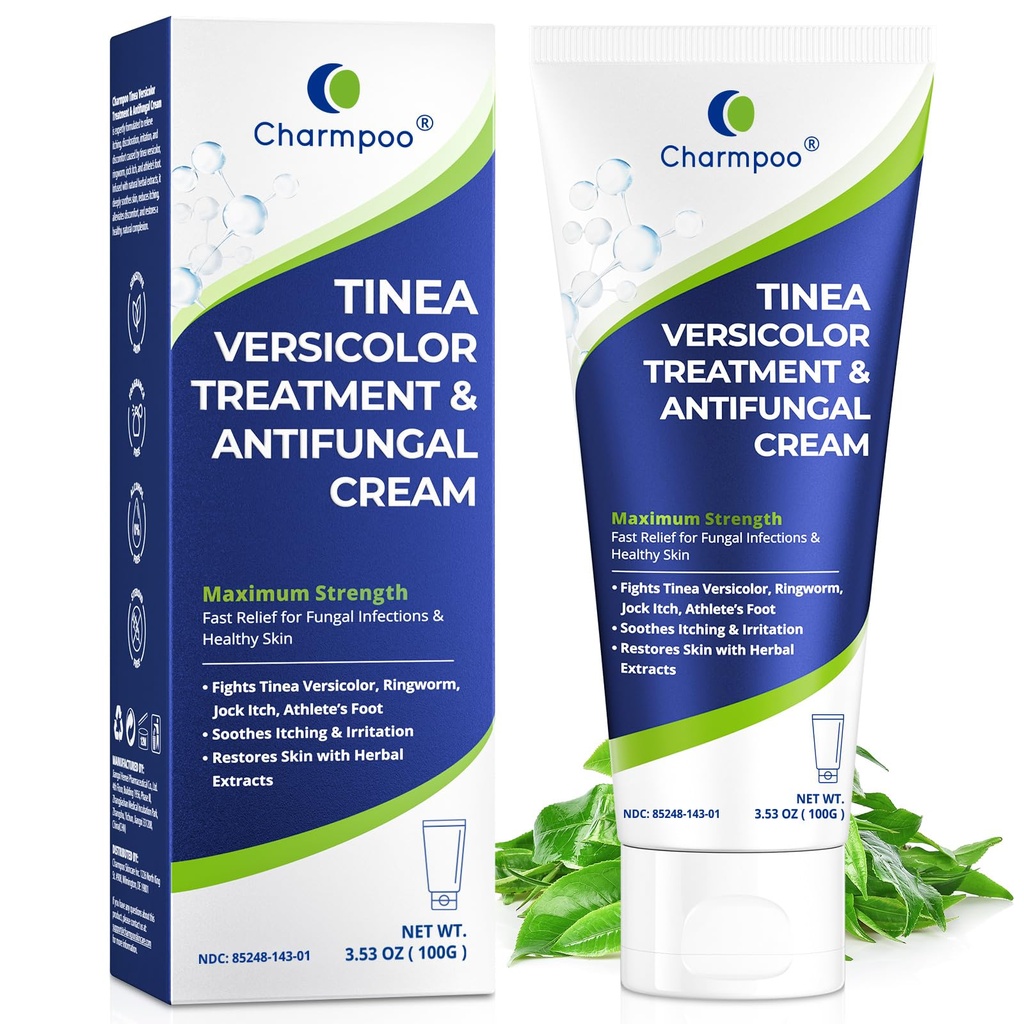 CHARMPOO Clotrimazole 1% Antifungal Cream for Tinea Versicolor, 3.53 oz | Ringworm and jock itch care; tea tree, myrrh, ceramides and glycerin; fast-absorbing for chest, back, neck.