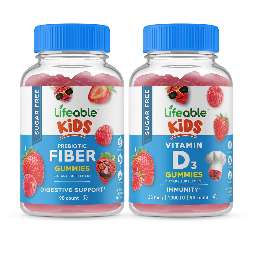 Lifeable Sugar Free Preciotic Fiber Kids + Vitamin D Kids, Gummies Bundle - Great Tasting, Vitamin Supplement, Gluten Free, GMO Free, Chewable Gummy