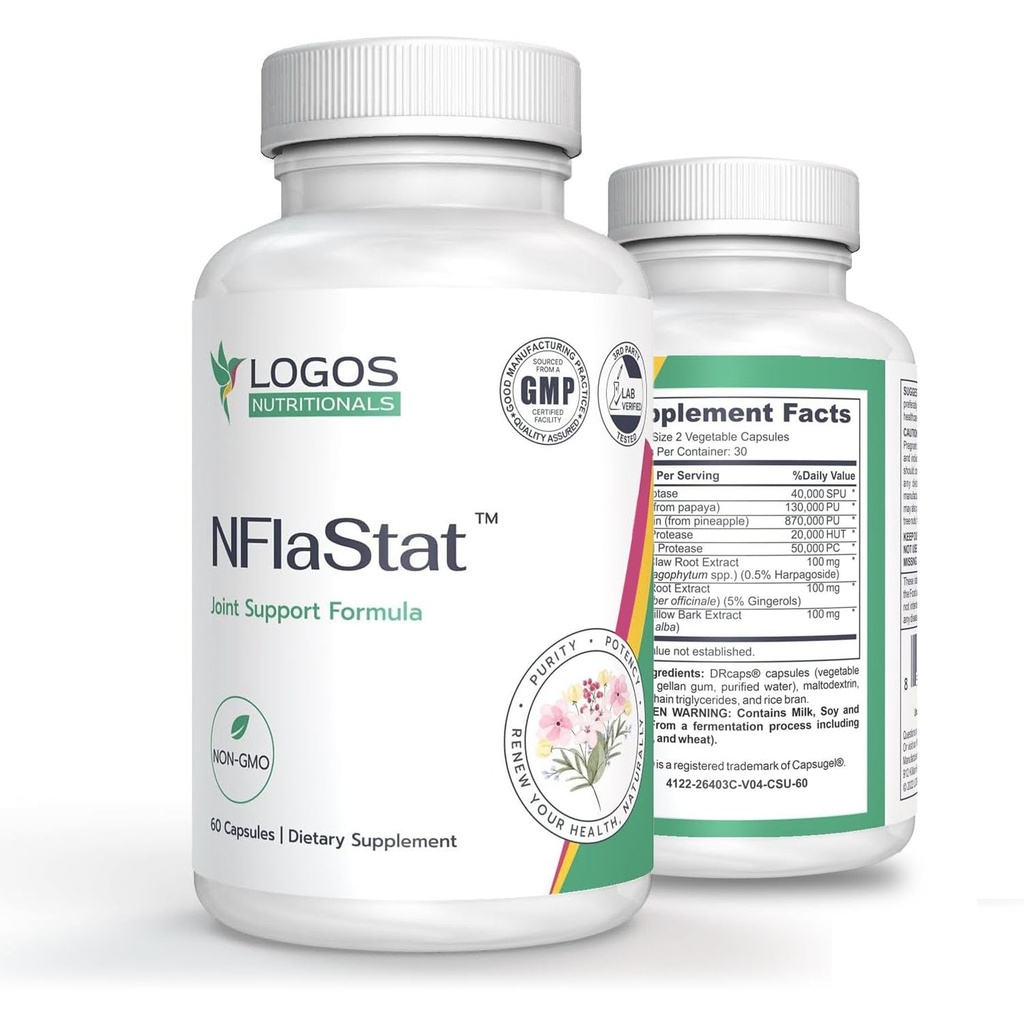 NFlaStat - 60 Capsules | Natural Systemic Enzymes for Inflammation | Alleviates Pain | Proteolytic Enzymes Supplement with Serrapeptase, Papain & Bromelain | Bone & Muscle Support