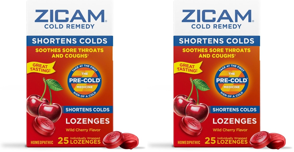 Zicam Cold Remedy Zinc Lozenges,Wild Cherry Flavor,Homeopathic,Soothes Sore Throat and Coughs,Cold Shortening Medicine,Shortens-Cold Duration,25 Count (Pack of 2)