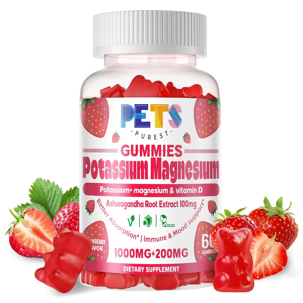 Potassium Magnesium Gummies - High Absorption Magnesium Glycinate & Potassium Citrate Plus Omega 3, B6, D3, K2 & Calcium - Chewable Gummy for Leg Cramps, Immunity & Energy Strawberry 60 Gummies