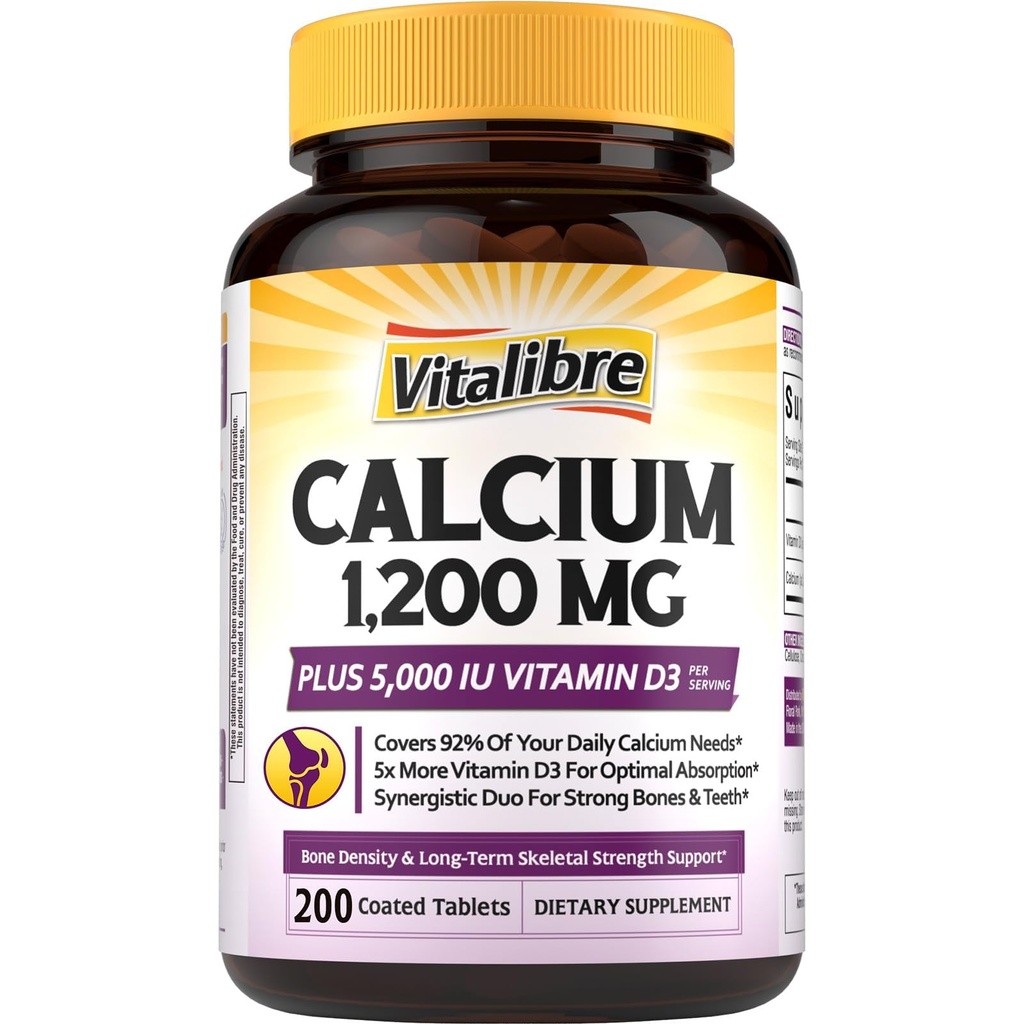 Vitalibre Calcium Supplements for Women - Calcium 1200 mg with Vitamin D3 5000IU, Bone Strength Density, Enhanced Absorption Stomach - Friendly Gentle, No Gluten, No Soy, Non GMO, 200 Coated Tablets