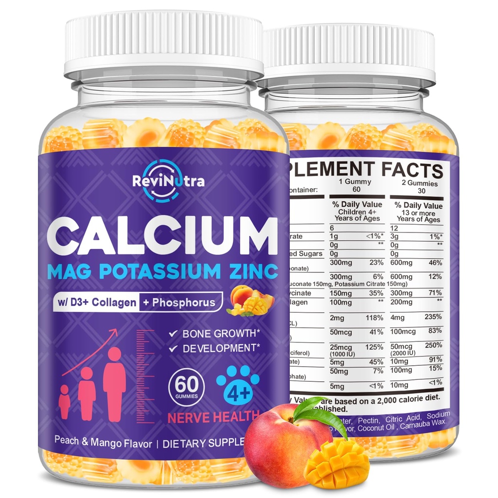 Calcium Potassium Magnesium Gummies for Kids & Adults, Magnesium Potassium Calcium Supplement for Kids, Sleep, Bone Strength, Density Support, Sugar Free, Juice Peach & Mango Flavor, 60 Gummies
